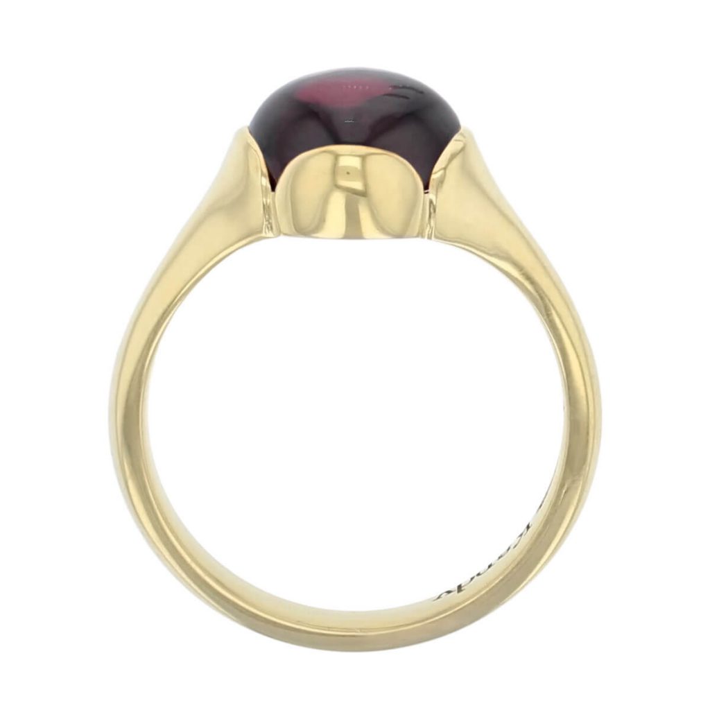 18ct yellow gold red cushion cut cabochon rhodolite garnet gemstone dress ring, designer jewellery, gem, jewelry, handmade by Faller, Londonderry, Northern Ireland, Irish hand crafted, Kandy