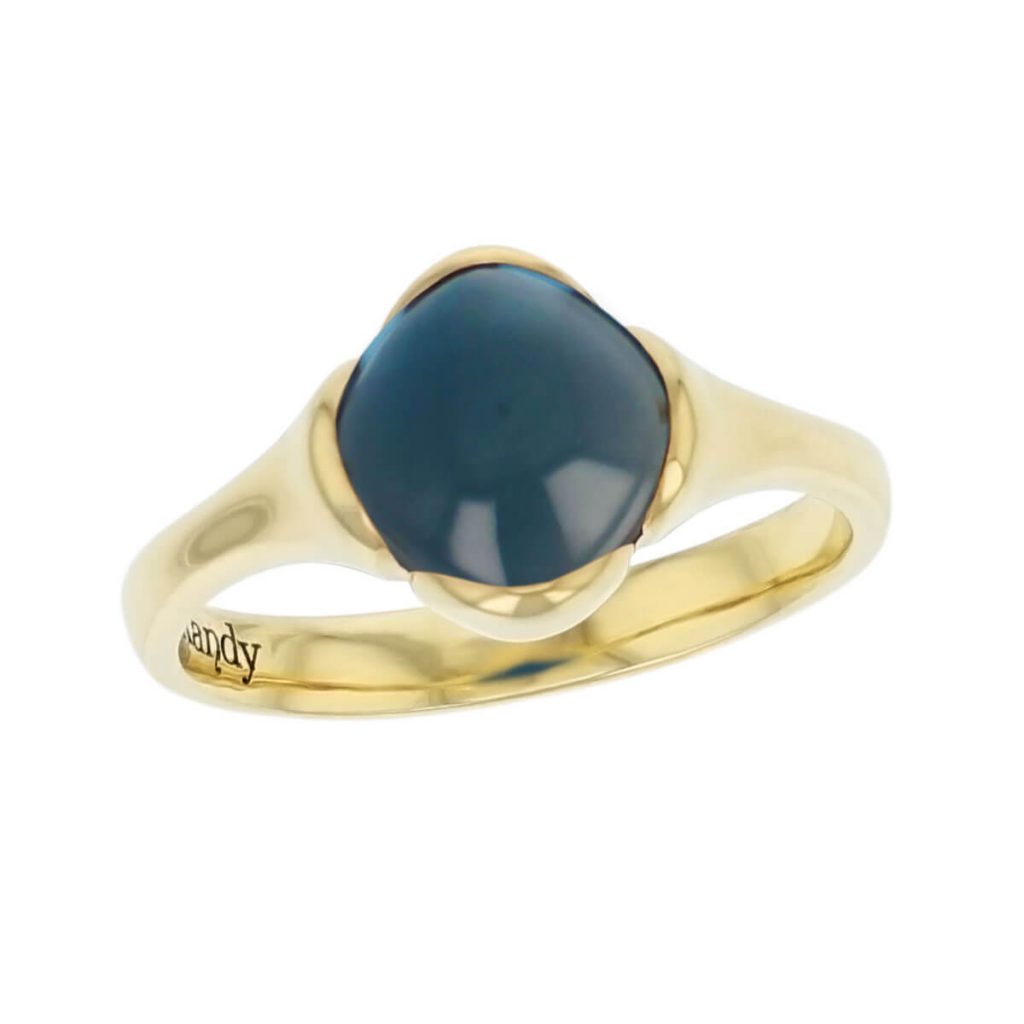 18ct yellow gold blue cushion cut cabochon topaz gemstone dress ring, designer jewellery, gem, jewelry, handmade by Faller, Londonderry, Northern Ireland, Irish hand crafted, Kandy