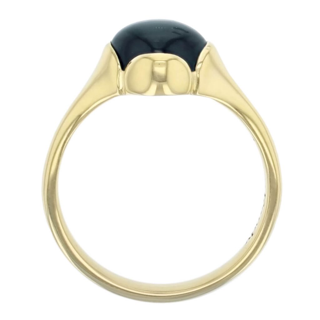 18ct yellow gold blue cushion cut cabochon topaz gemstone dress ring, designer jewellery, gem, jewelry, handmade by Faller, Londonderry, Northern Ireland, Irish hand crafted, Kandy