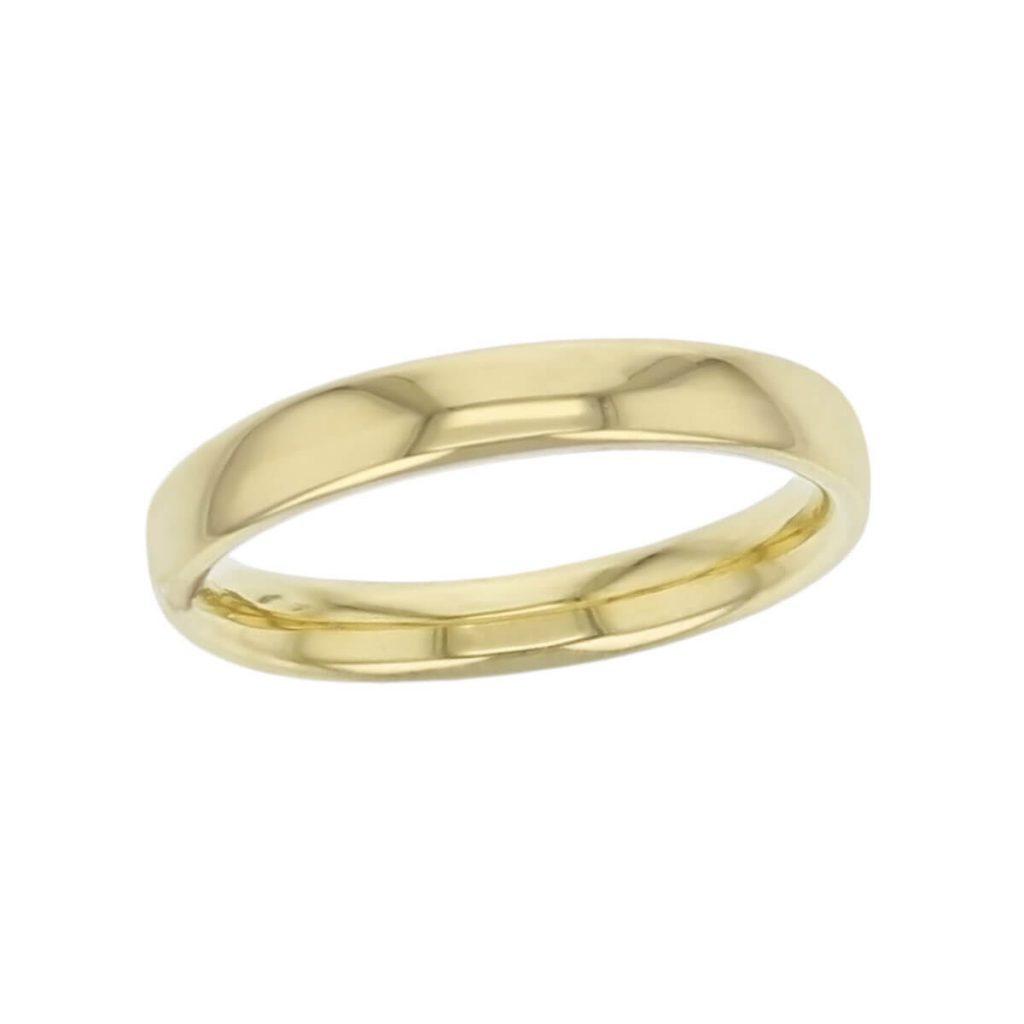 3.0mm wide 18ct yellow gold ladies wedding ring, woman's, bridal, plain, personalised engraving, court profile, comfort fit, add diamonds, marraige ring, precious jewellery by Faller of Derry/ Londonderry, jewelry