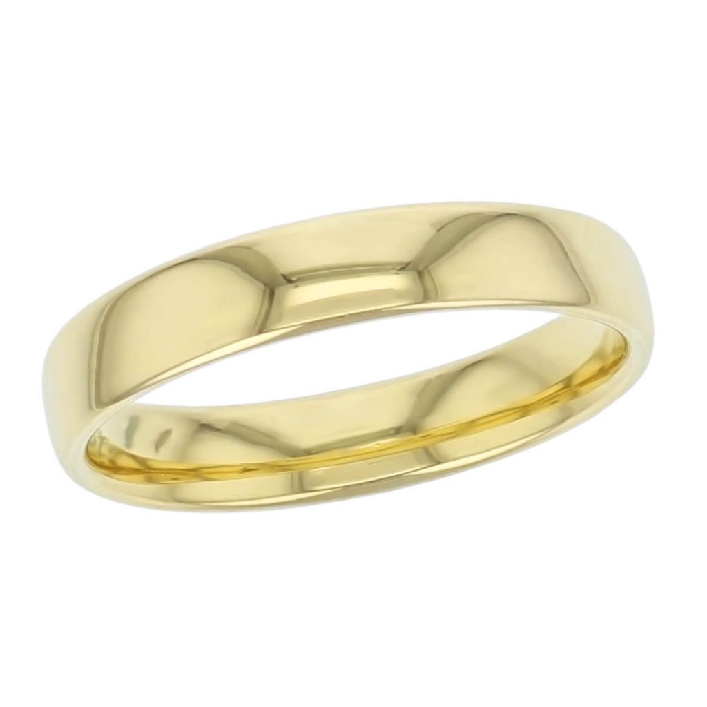 4.5mm wide, 18ct yellow gold, men’s wedding ring, gents, bridal, plain, personalised engraving, curved profile, comfort fit, add pattern, marraige ring, precious jewellery by Faller of Derry/ Londonderry, jewelry