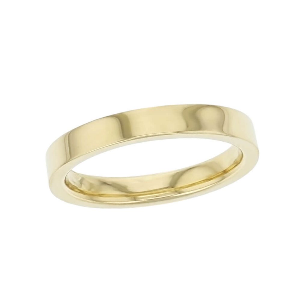 3.0mm wide 18ct yellow gold ladies wedding ring, woman's, bridal, plain, personalised engraving, flat profile, comfort fit, add diamonds, marraige ring, precious jewellery by Faller of Derry/ Londonderry, jewelry