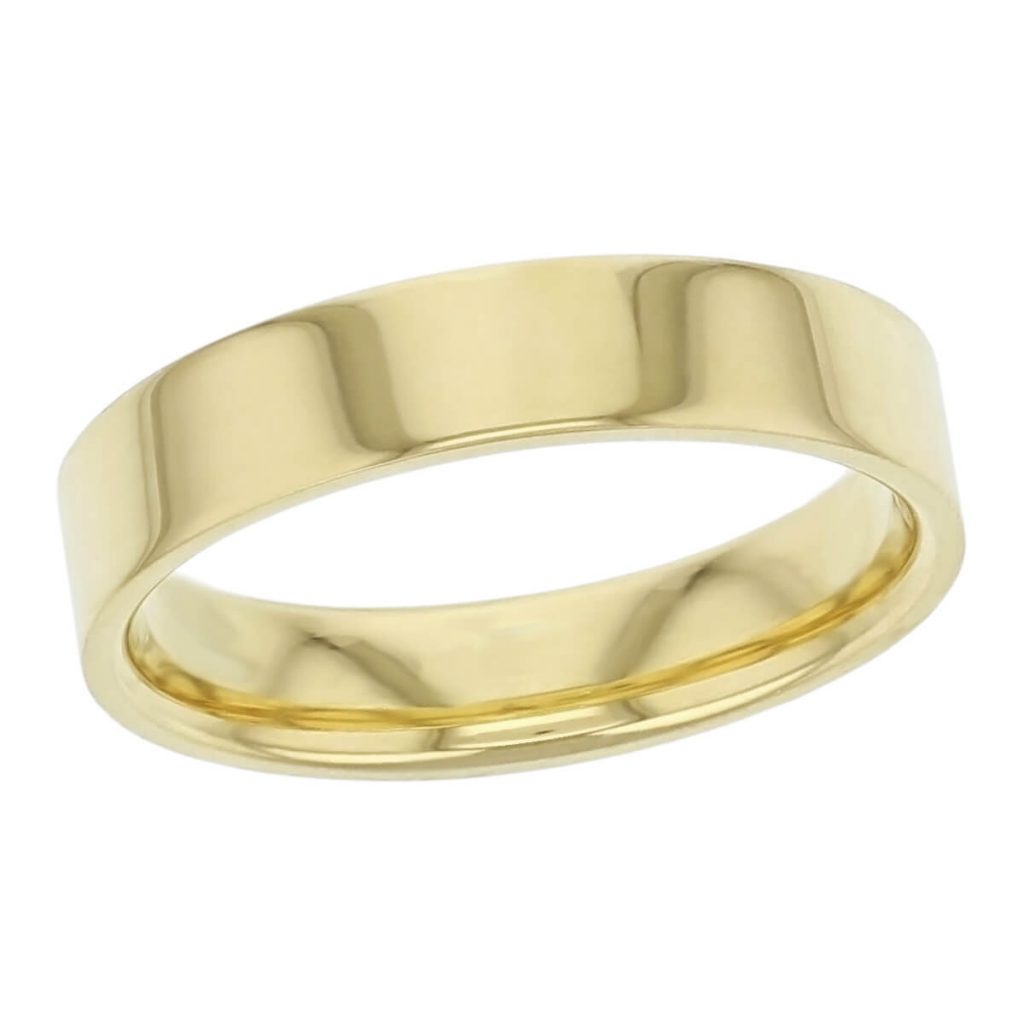 4.5mm wide, 18ct yellow gold, men’s wedding ring, gents, bridal, plain, personalised engraving, flat profile, comfort fit, add pattern, marraige ring, precious jewellery by Faller of Derry/ Londonderry, jewelry