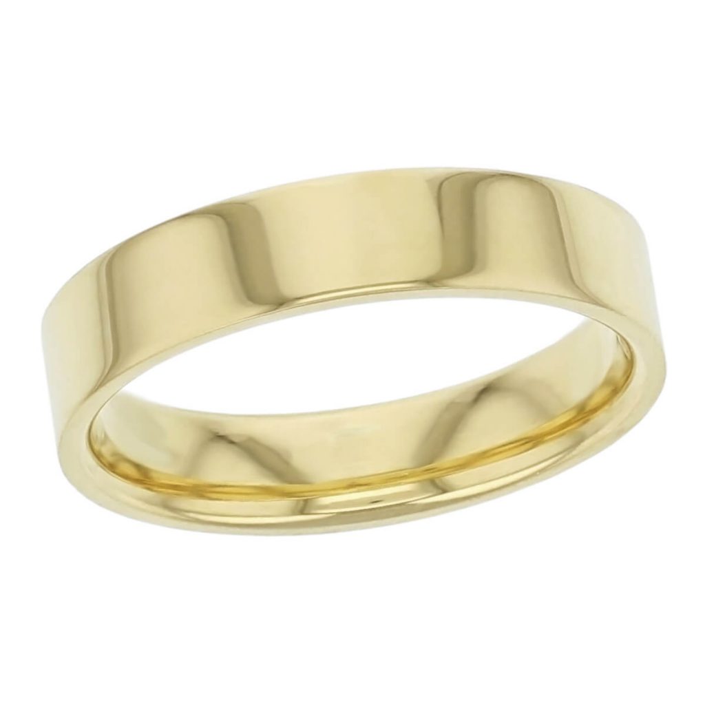 5mm wide, 18ct yellow gold, men’s wedding ring, gents, bridal, plain, personalised engraving, flat profile, comfort fit, add pattern, marraige ring, precious jewellery by Faller of Derry/ Londonderry, jewelry