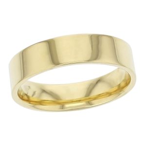 5.5mm wide, 18ct yellow gold, men’s wedding ring, gents, bridal, plain, personalised engraving, flat profile, comfort fit, add pattern, marraige ring, precious jewellery by Faller of Derry/ Londonderry, jewelry