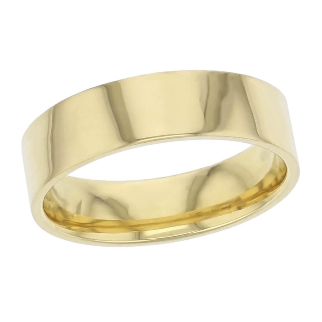 6mm wide, 18ct yellow gold, men’s wedding ring, gents, bridal, plain, personalised engraving, flat profile, comfort fit, add pattern, marraige ring, precious jewellery by Faller of Derry/ Londonderry, jewelry