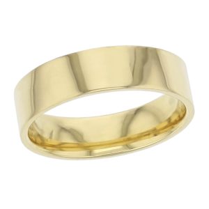 6mm wide, 18ct yellow gold, men’s wedding ring, gents, bridal, plain, personalised engraving, flat profile, comfort fit, add pattern, marraige ring, precious jewellery by Faller of Derry/ Londonderry, jewelry