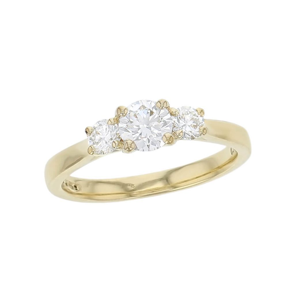 round cut diamond trilogy engagement ring, 18ct yellow gold, designer, handmade by Faller, hand crafted, betrothal, promise, precious jewellery, jewelry, GIA certified, hand crafted, G.I.A. GIA, three stone