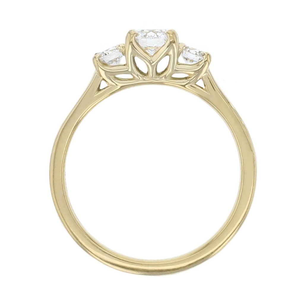 round cut diamond trilogy engagement ring, 18ct yellow gold, designer, handmade by Faller, hand crafted, betrothal, promise, precious jewellery, jewelry, GIA certified, hand crafted, G.I.A. GIA, three stone