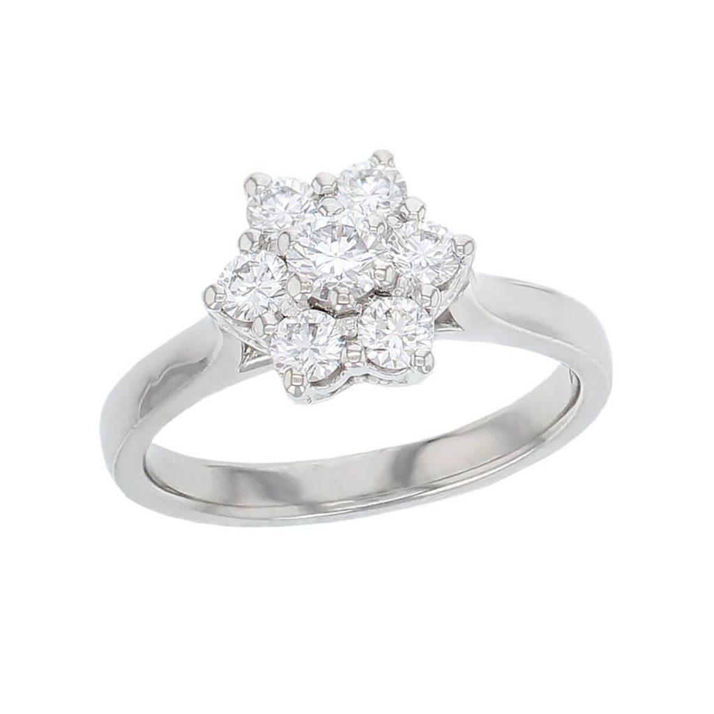 round brilliant cut diamond cluster engagement ring, platinum, designer, handmade by Faller, hand crafted, betrothal, promise, precious jewellery, jewelry, hand crafted dress ring
