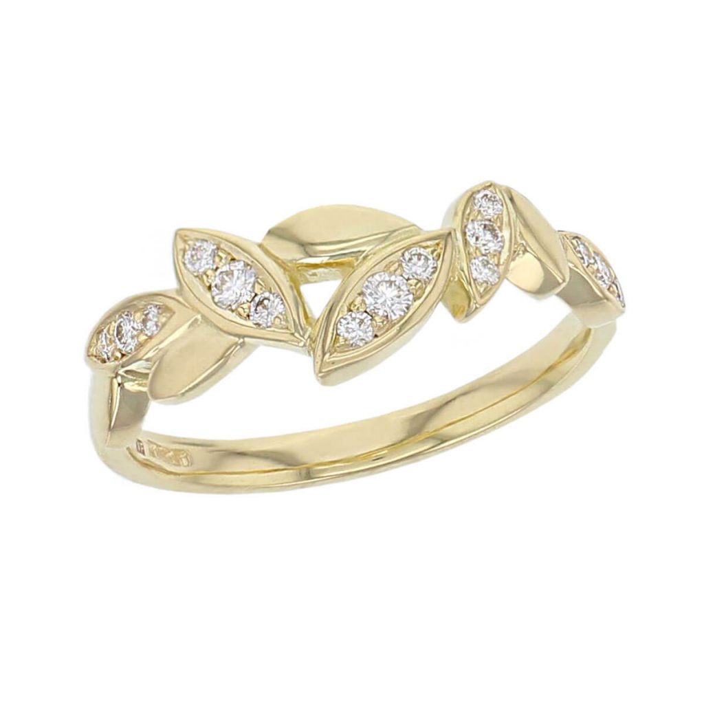18ct yellow gold diamond falling leaves ring
