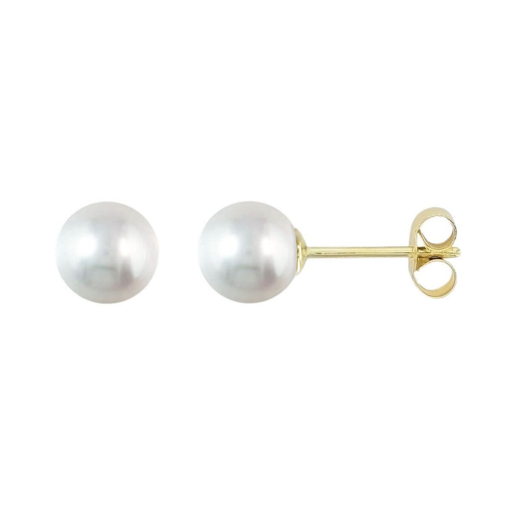 18ct yellow gold 6-6.5mm white saltwater Acoya pearl stud earrings with scroll backs.