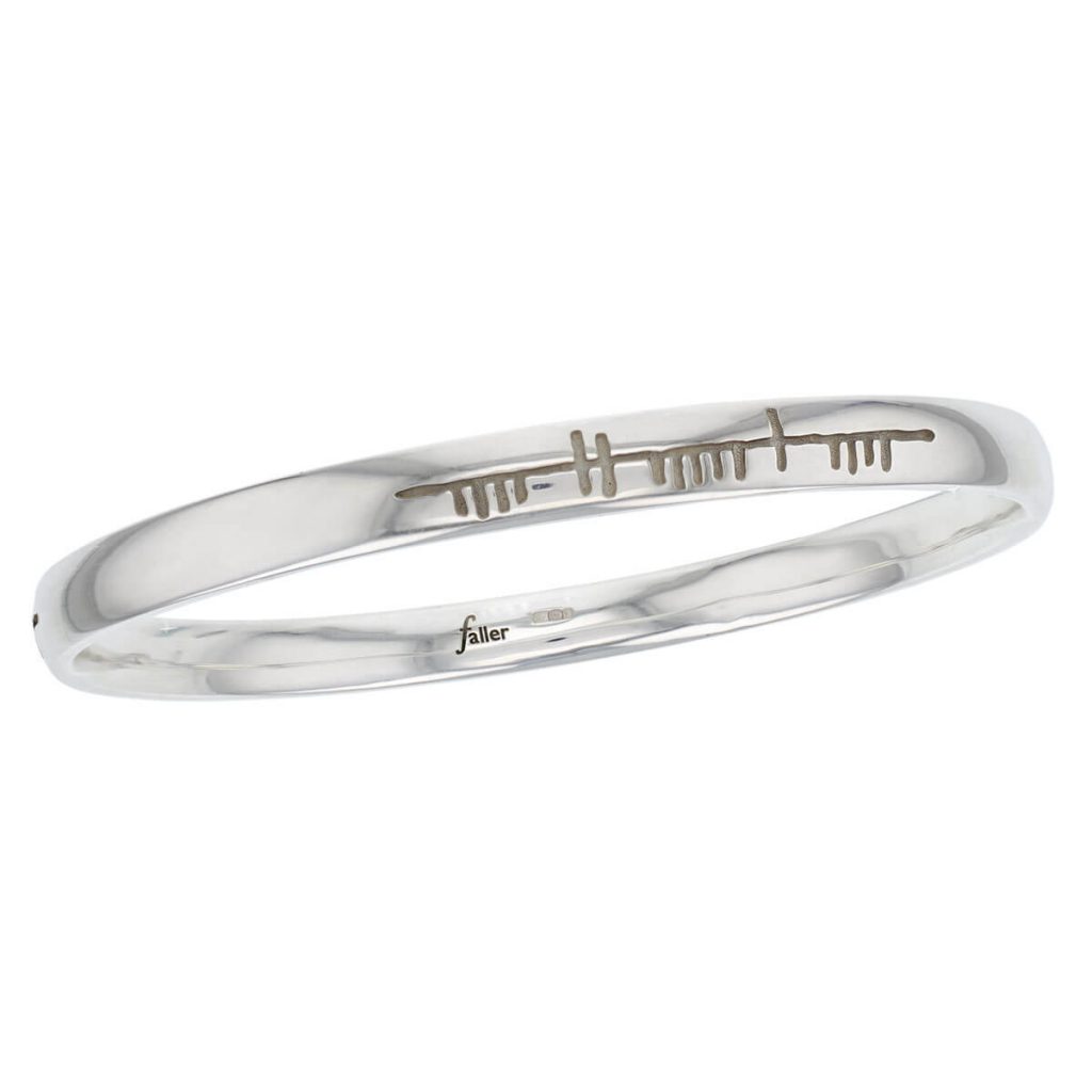 solid sterling silver men's bangle, designer, handmade by Faller, hand crafted, precious jewellery, jewelry, hand crafted wrist wear, wrist-wear, custom made, celtic ancient irish ogham inscription, personalised engraving. men's jewellery, mens jewellery