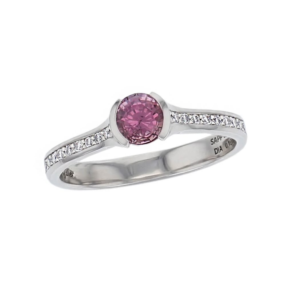 alternative engagement ring, platinum ladies round cut pink purple sapphire & diamond designer multi stone engagement ring designed & hand crafted by Faller of Derry/ Londonderry, dress ring, precious gem jewellery, jewelry, shoulder set
