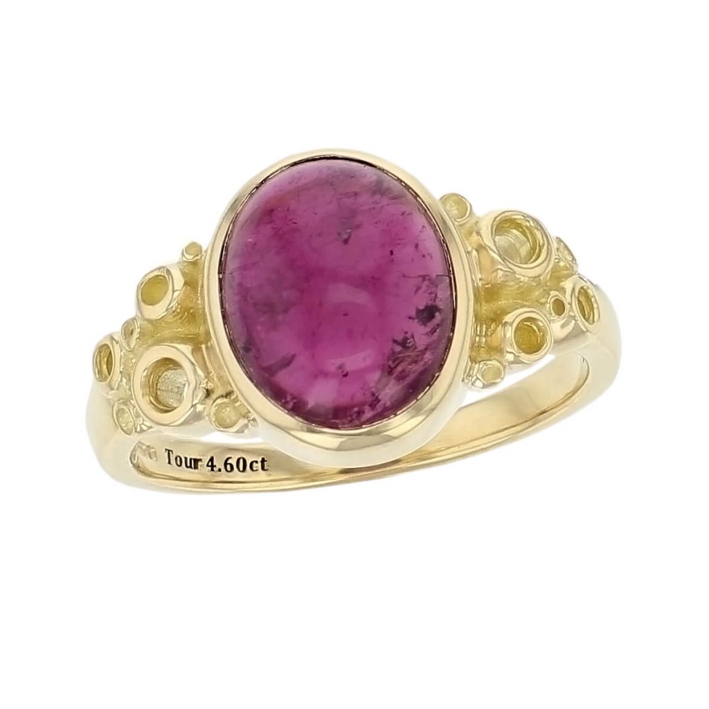 Kandy Fizz 18ct yellow gold pink oval cut cabochon tourmaline gemstone ladies dress ring, designer jewellery, gem, jewelry, handmade by Faller, Londonderry, Northern Ireland, Irish hand crafted