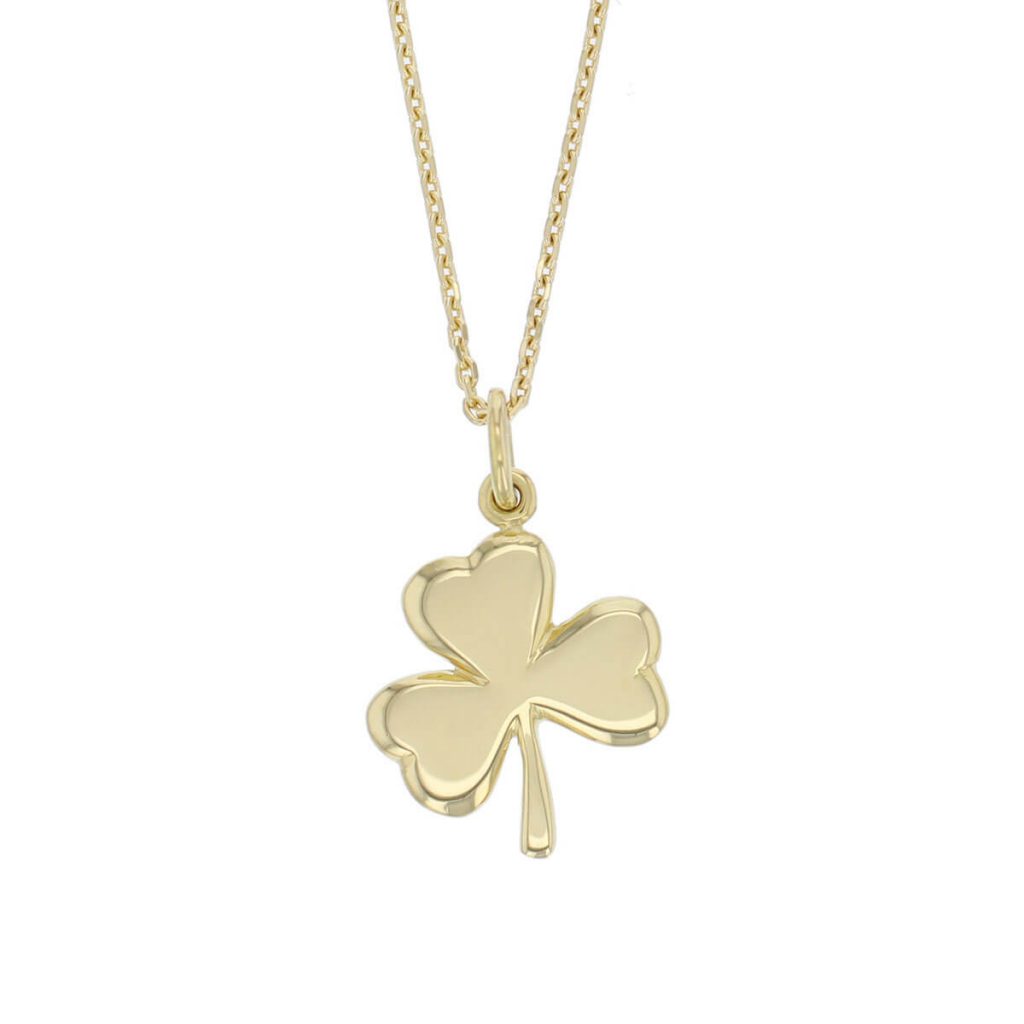 18ct yellow gold shamrock pendant, symbol of St. Patrick, holy trinity, Ireland, faith, hope, love, charm, designer handmade by Faller, Derry/ Londonderry, Irish hand crafted, clover