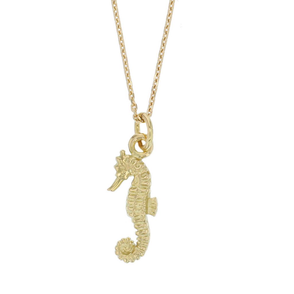 18ct yellow gold seahorse pendant, charm, Brian Boru’s harp, Trinity college, Dublin medieval, Gaelic, Irish charm, Ireland, designer handmade by Faller, hand crafted sea creature