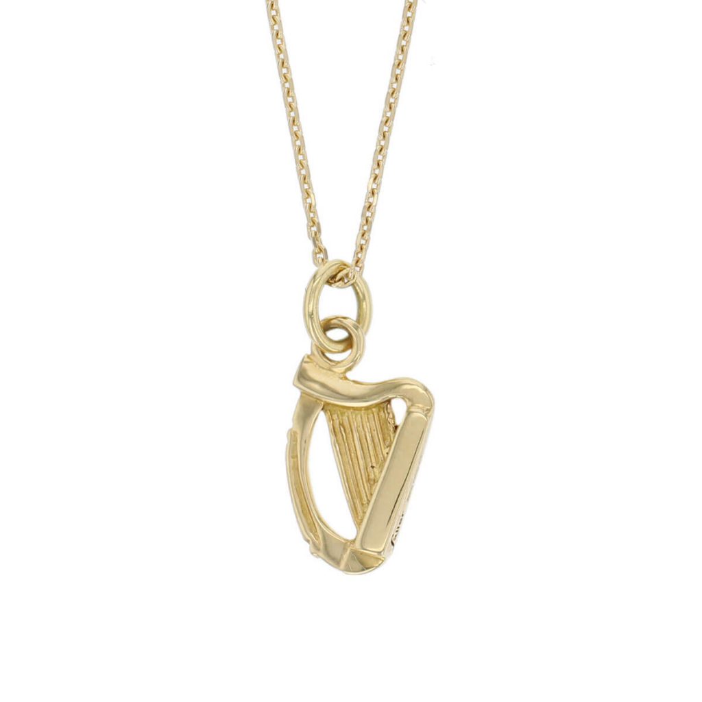 Gaelic, Irish national symbol, irish icon, 18ct yellow gold harp pendant, charm, Brian Boru’s harp, Trinity college, Dublin medieval, Gaelic, Irish charm, Ireland, designer handmade by Faller, hand crafted, souvenir, musical