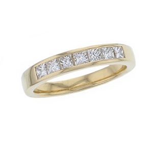 3.7mm wide 18ct yellow gold ladies princess cut diamond eternity ring, personalised engraving, court profile, comfort fit, precious jewellery by Faller of Derry/ Londonderry, jewelry, channel set, 18kt, tapered