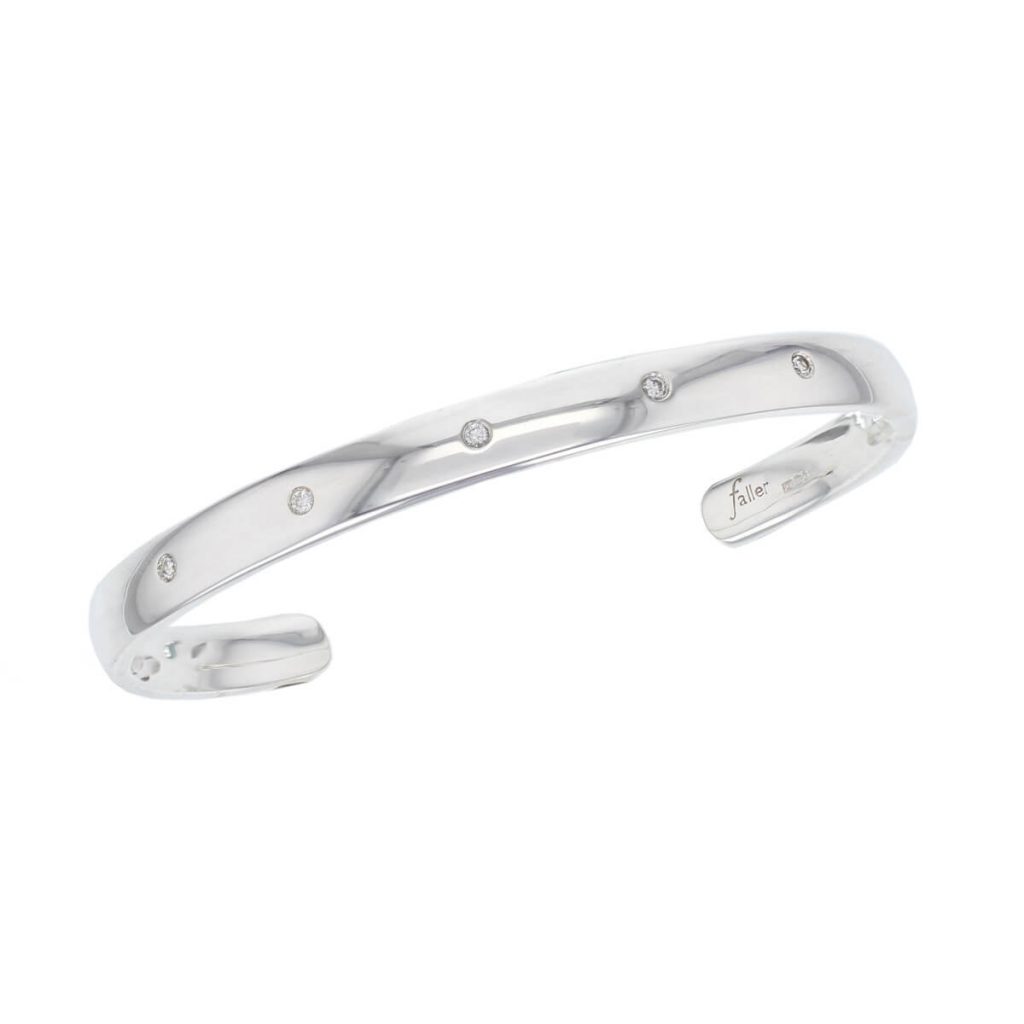 solid diamond set sterling silver ladies torc bangle designer, handmade by Faller, hand crafted, precious jewellery, jewelry, hand crafted wristwear, custom made, personalised engraving, torq, torque