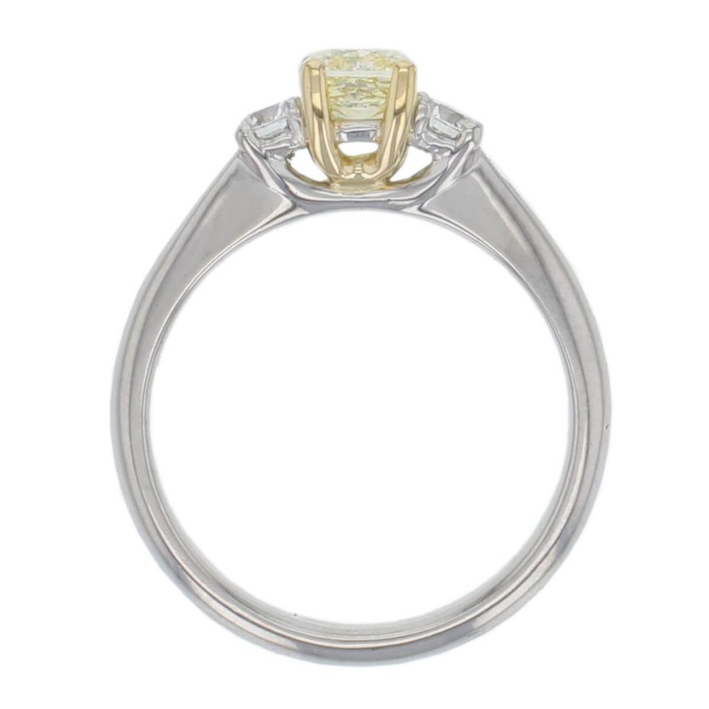 cushion cut yellow diamond trilogy engagement ring, platinum, designer, handmade by Faller, hand crafted, betrothal, promise, precious jewellery, jewelry, GIA certified, hand crafted, G.I.A. GIA, three stone