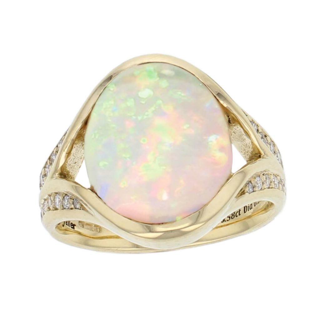 opal diamond ring, 18ct yellow gold oval cut cabochon opal gemstone & diamond multistone dress ring, designer jewellery, gem, jewelry, handmade by Faller, Derry, Londonderry, Northern Ireland, Irish hand crafted, shoulder set