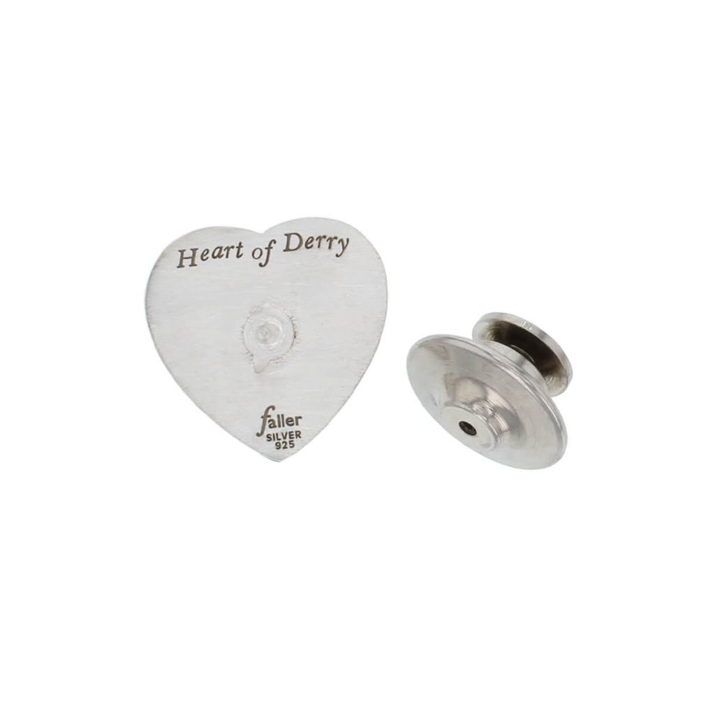 Heart of Derry sterling silver lapel pin with stainless steel back, back view