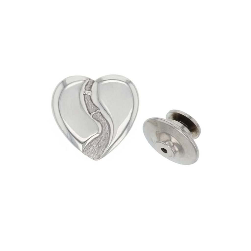 Heart of Derry sterling silver lapel pin with stainless steel back, front view