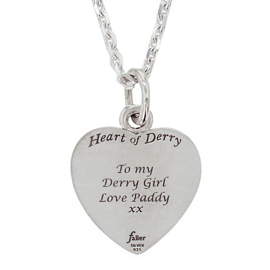 Large Heart of Derry sterling silver pendant with chain, back view with engraving example