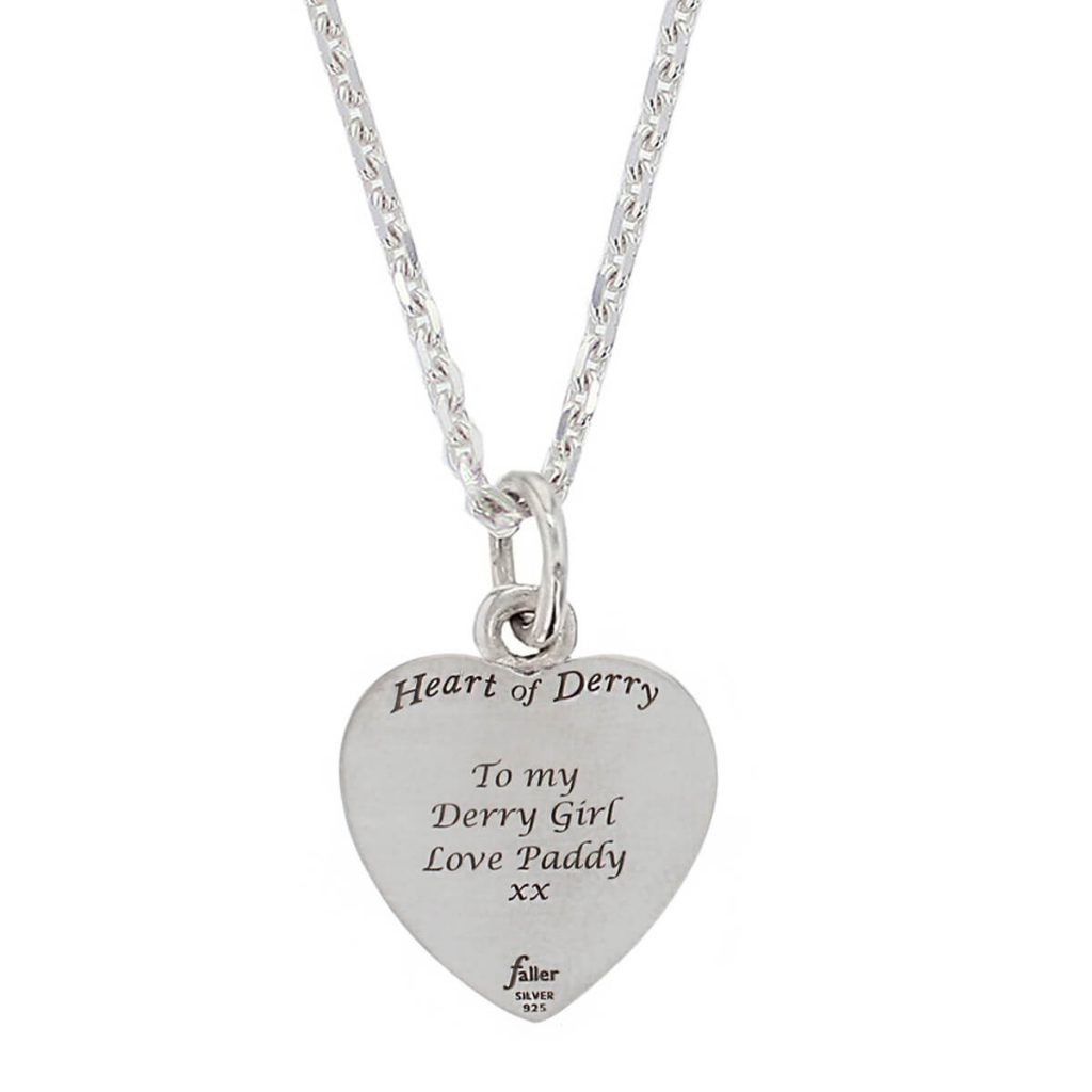 small Heart of Derry sterling silver pendant with chain, back view with engraving example