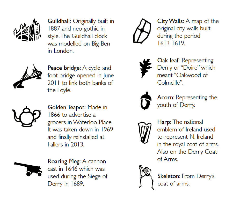 drop of derry icons explained, Guildhall, Peace Bridge, Golden Teapot, Roaring Meg Cannon, City walls, oak leaf, acorn, Harp, Skeleton, icons representing Derry
