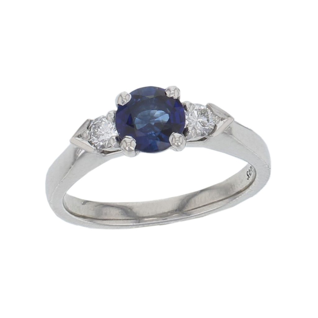 platinum ladies round brilliant cut blue sapphire & diamond designer trilogy engagement ring