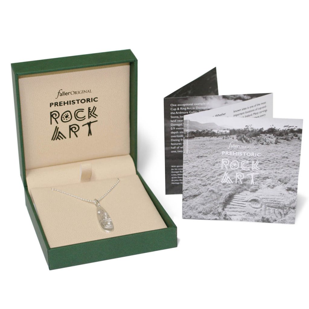 ardmore gallan stone jewellery collection, prehistoric rock art jewellery box. pendant packaging
