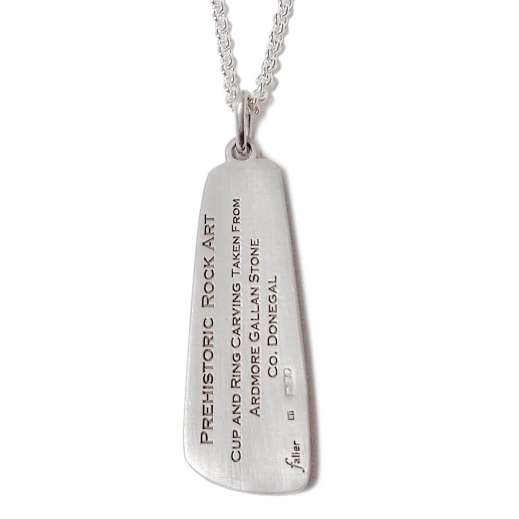 Prehistoric rock art, Ardmore Gallan large sterling silver pendant and chain, back view with engraving detail