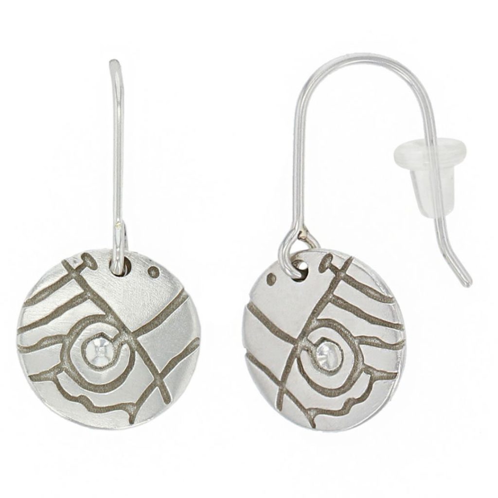Prehistoric rock art, Isle of Doagh sterling silver disc drop earrings showing shepherds hook and silicone safety back