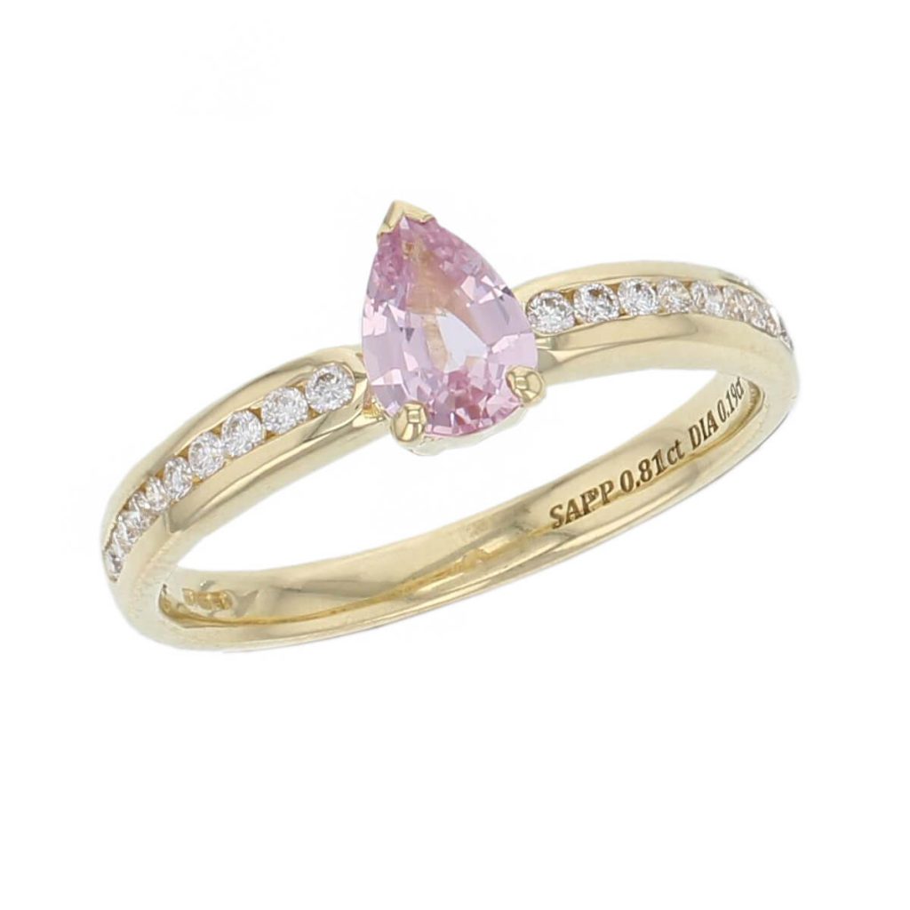 18ct yellow gold pear cut pink sapphire gemstone & diamond dress ring, designer jewellery, organic gem, jewelry, handmade by Faller, Londonderry, Northern Ireland, Irish hand crafted, claw set, rim set