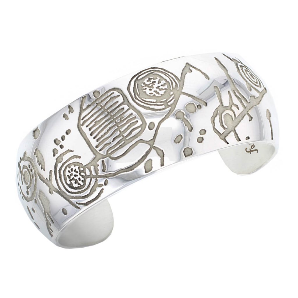 Prehistoric rock art, Isle of Doagh sterling silver cuff bangle, top view