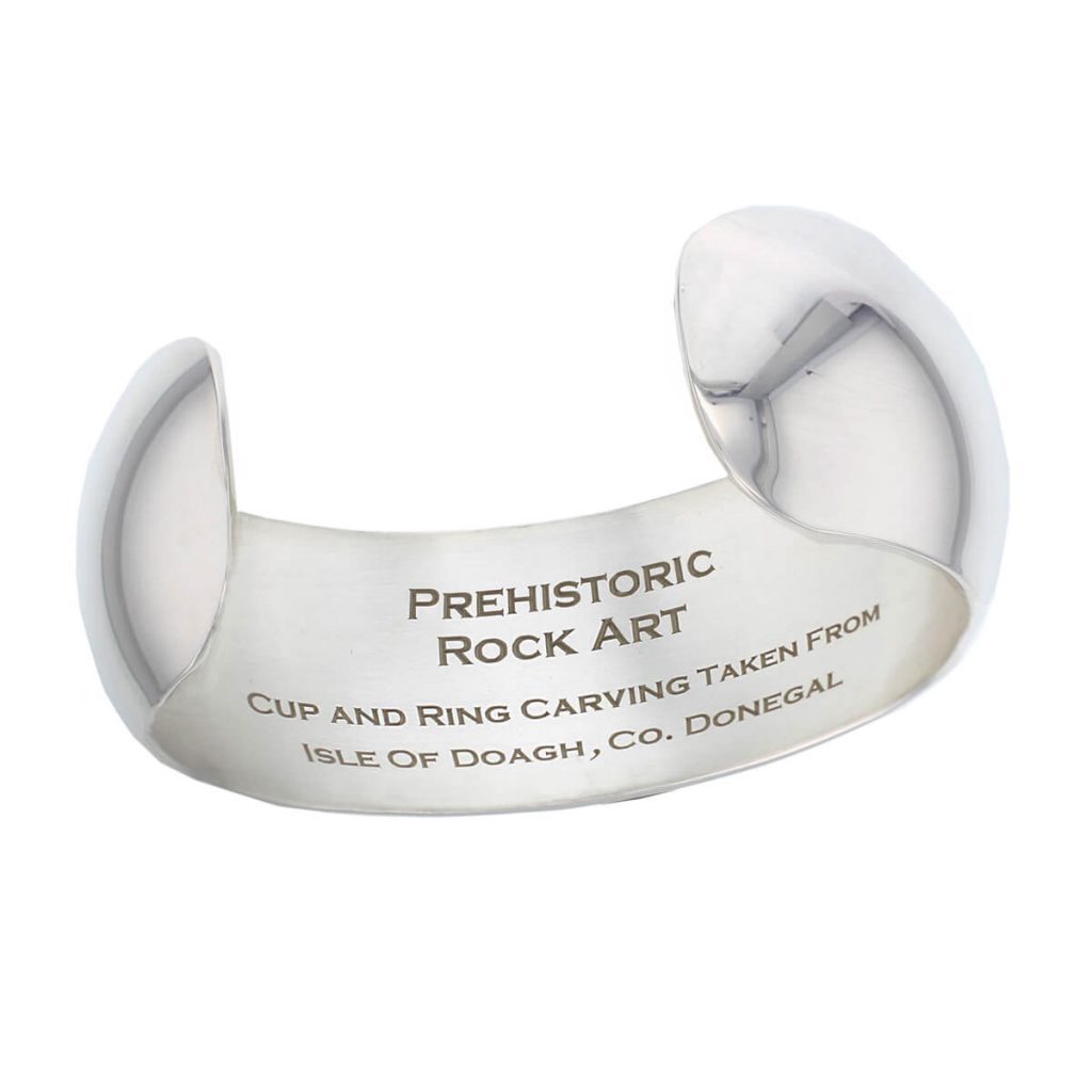 Prehistoric rock art, Isle of Doagh sterling silver cuff bangle, inside view with engraving detail