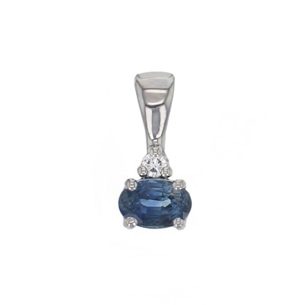 blue sapphire & diamond 18ct white gold ladies pendant with chain, 18kt, designer, handmade by Faller, Derry/ Londonderry, hand crafted, precious jewellery, september birthstone, jewelry