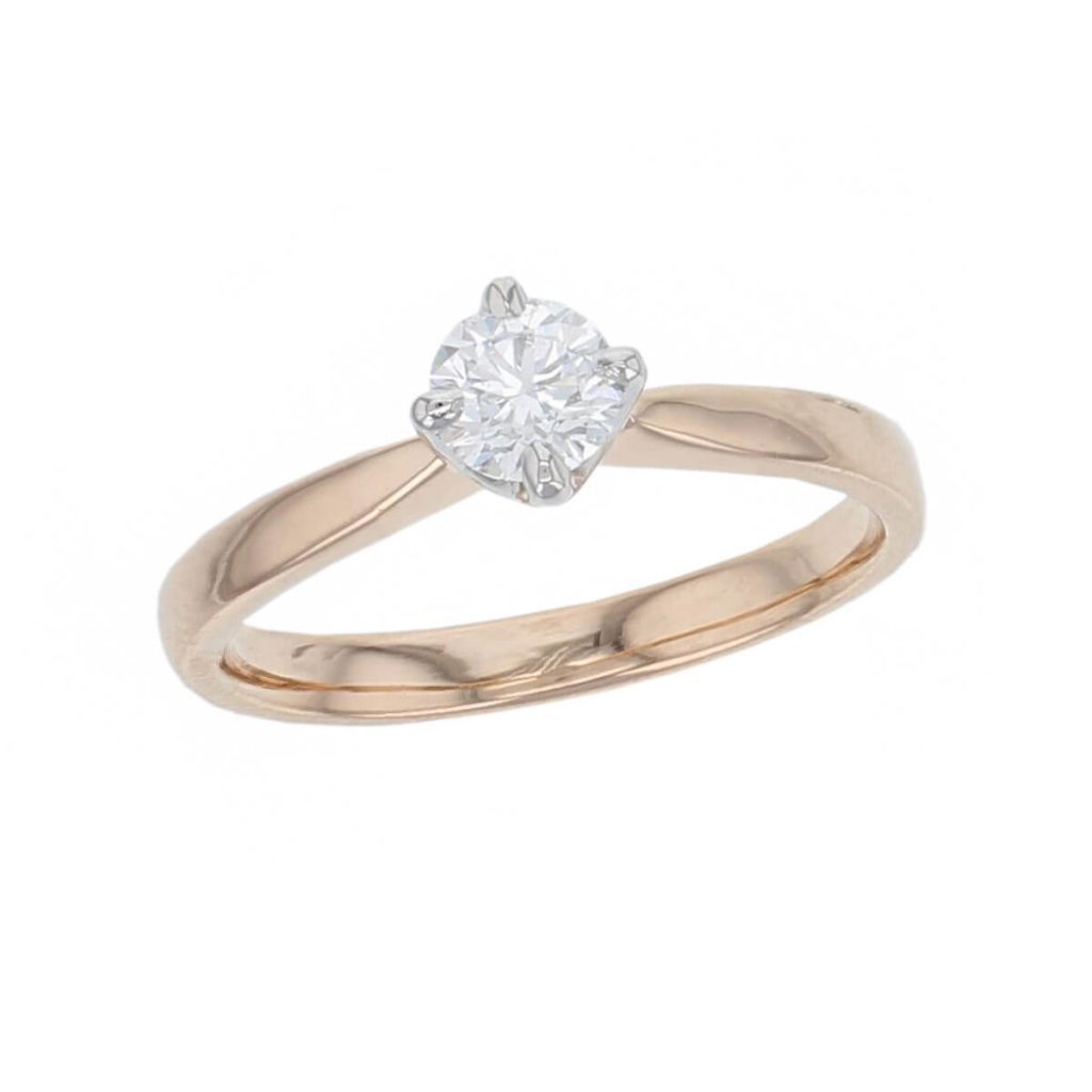round brilliant cut diamond solitaire engagement ring, platinum & 18ct rose gold, 18kt, designer, handmade by Faller, hand crafted, betrothal, promise, precious jewellery, jewelry, hand crafted, GIA certified, , G.I.A. GIA, 4 claw setting