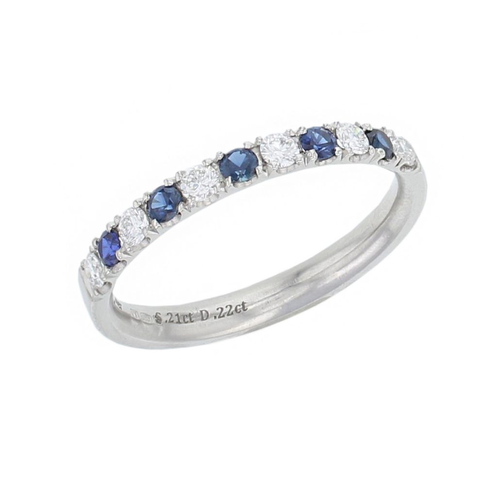 Platinum round brilliant cut diamond & sapphire eternity ring designer dress ring handmade by Faller, hand crafted, precious jewellery, jewelry, ladies , woman