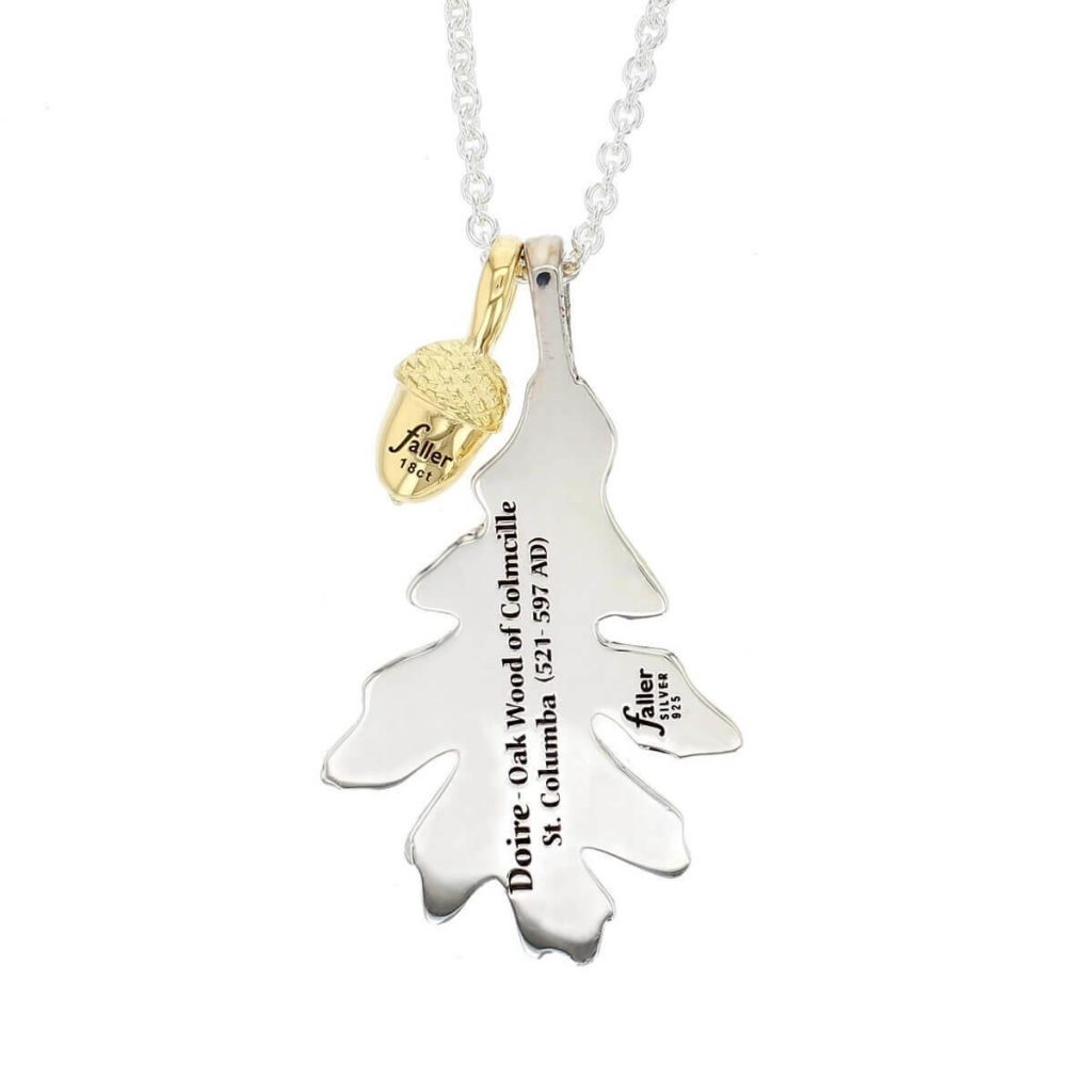Faller sterling silver oak leaf pendant & 18ct yellow gold acorn pendant with silver chain, back view with engraving