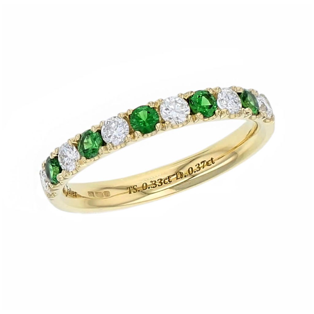 3.0mm 18ct yellow gold round brilliant cut diamond & tsavorite garnet eternity ring designer dress ring handmade by Faller, hand crafted, precious jewellery, jewelry, ladies , woman