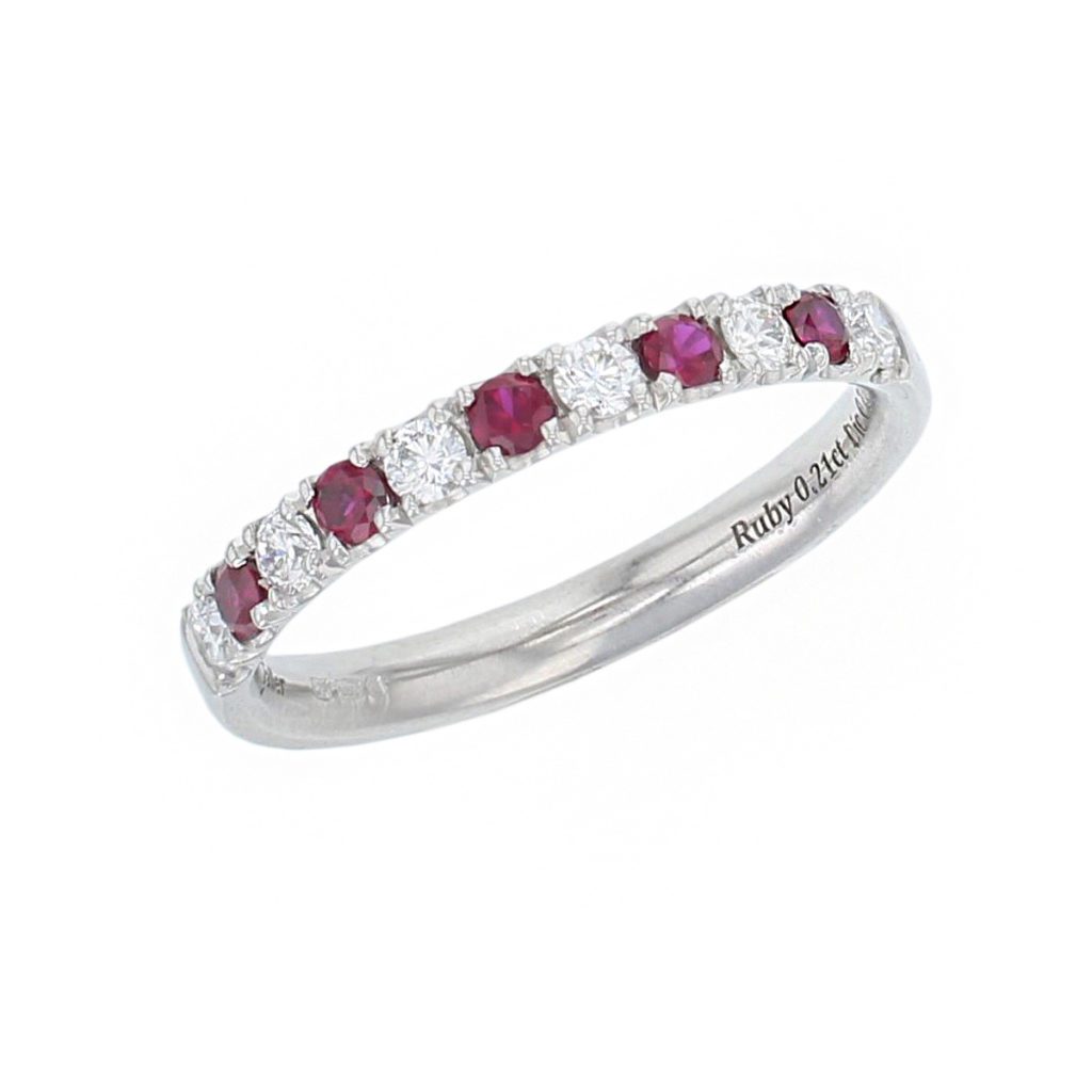Platinum round brilliant cut diamond & ruby eternity ring designer dress ring handmade by Faller, hand crafted, precious jewellery, jewelry, ladies , woman