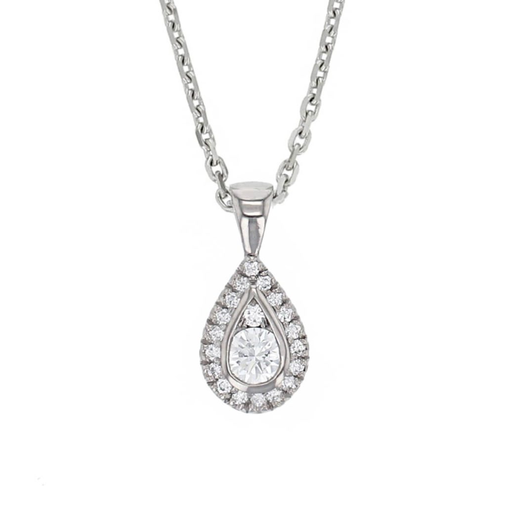 Faller round brilliant cut halo diamond 18ct white ladies pendant with chain, 18kt, designer, handmade by Faller, Derry/ Londonderry, hand crafted, precious jewellery, jewelry