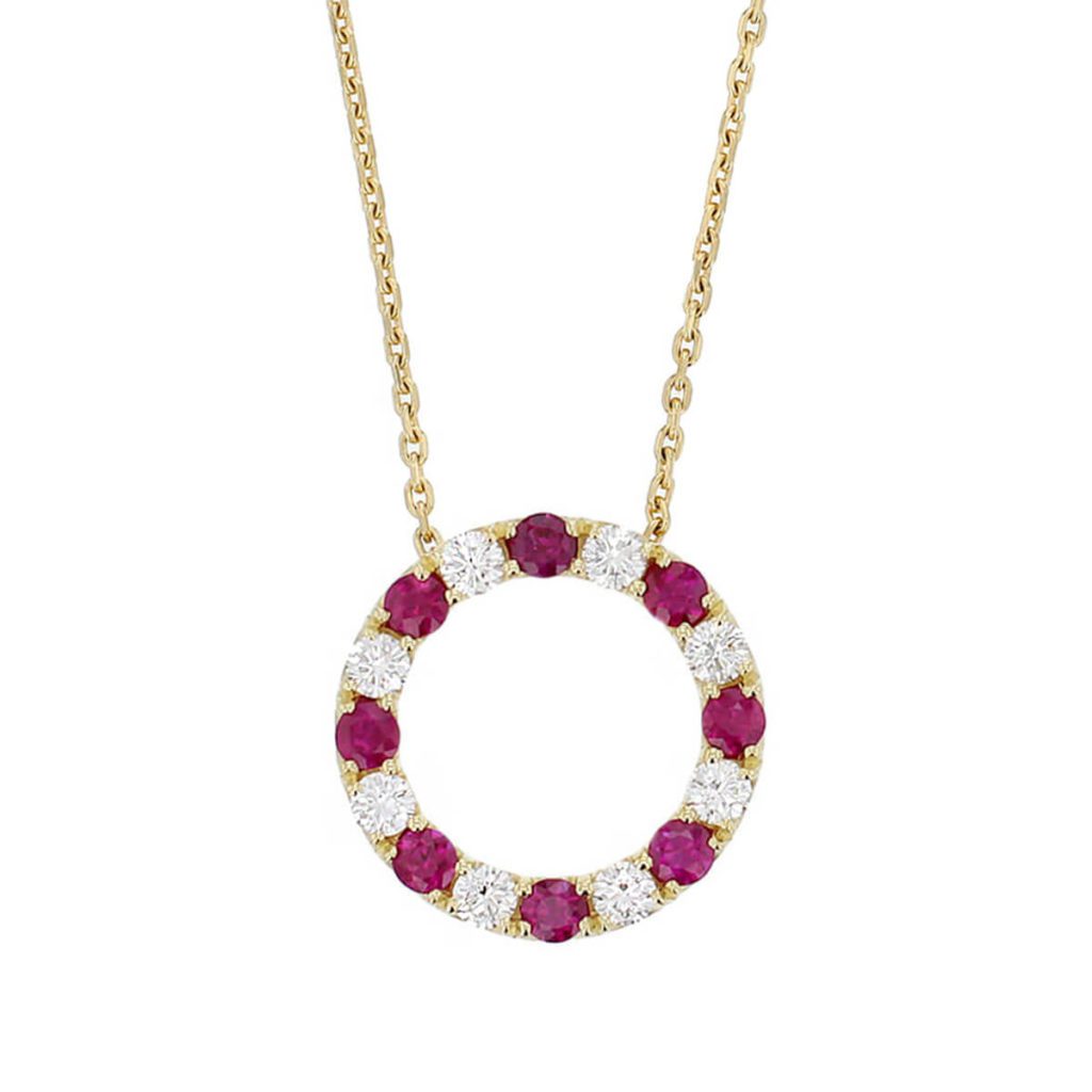 18ct yellow gold diamond and ruby eternal circle pendant