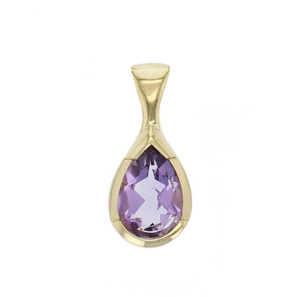 18ct yellow gold purple pear cut faceted amethyst gemstone pendant, designer jewellery, quartz gem, jewelry, handmade by Faller, Londonderry, Northern Ireland, Irish hand crafted, darcy, D’arcy
