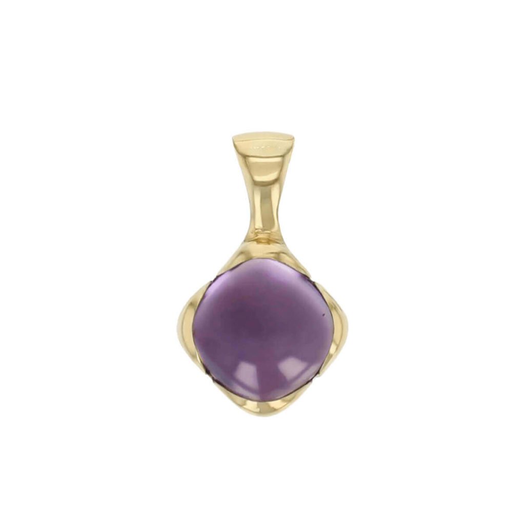18ct yellow gold cushion cut cabochon amethyst gemstone pendant, designer jewellery, quartz gem, jewelry, handmade by Faller, Londonderry, Northern Ireland, Irish hand crafted, Kandy, purple gem