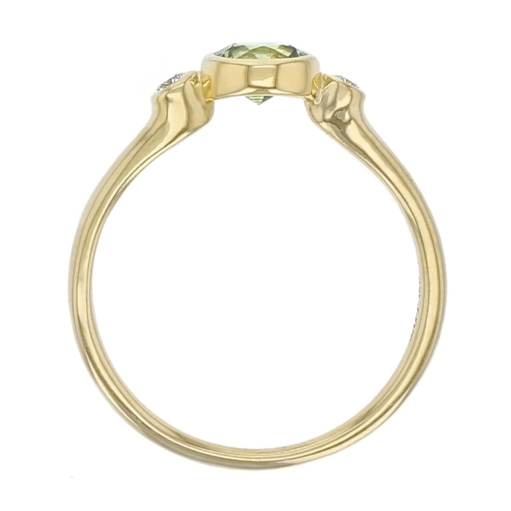 18ct yellow gold round brilliant cut diamond & round cut green sapphire trilogy ring designer three stone dress ring handmade by Faller, hand crafted, precious jewellery, jewelry, ladies, woman