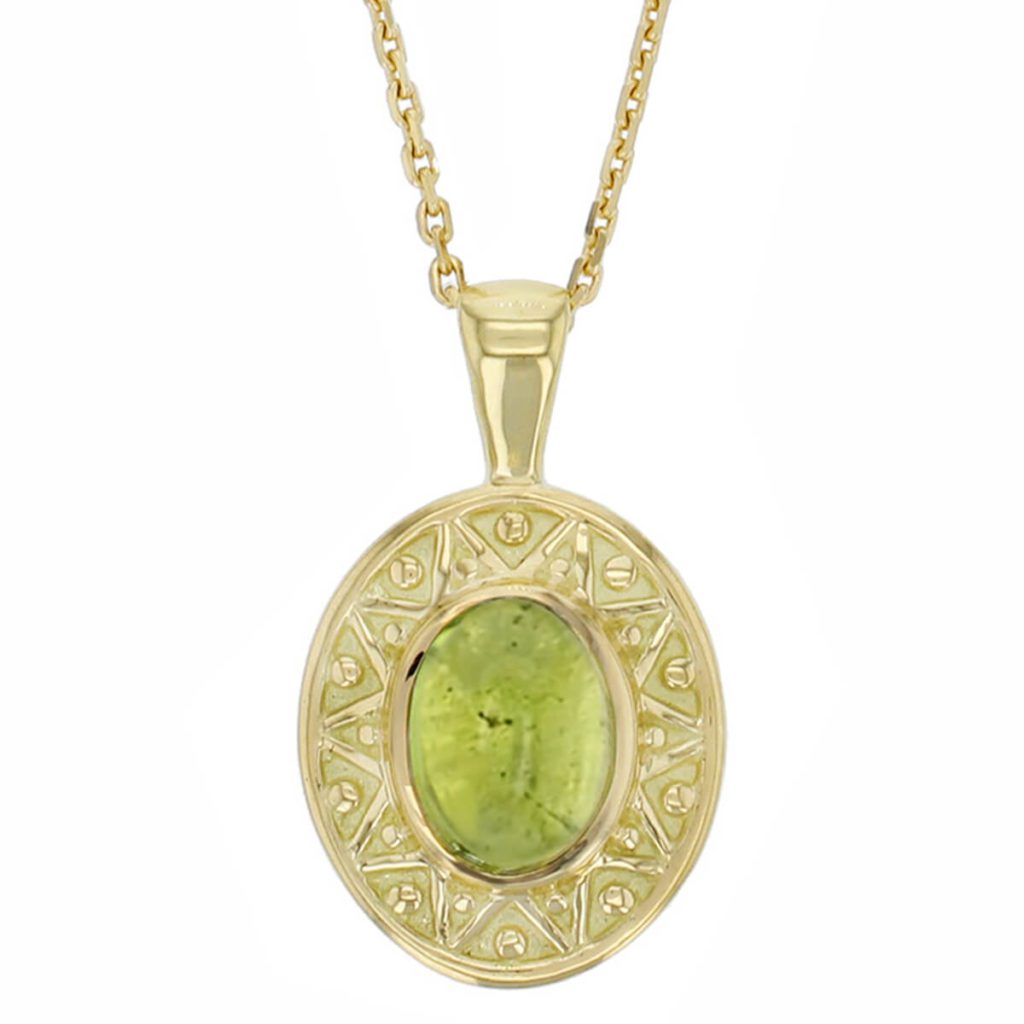 Miosach 18ct yellow gold peridot pendant with chain